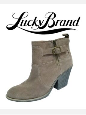 Lucky Brand Teveralda Leather Ankle Boots Side Zip & Buckle Detail Taupe 10M